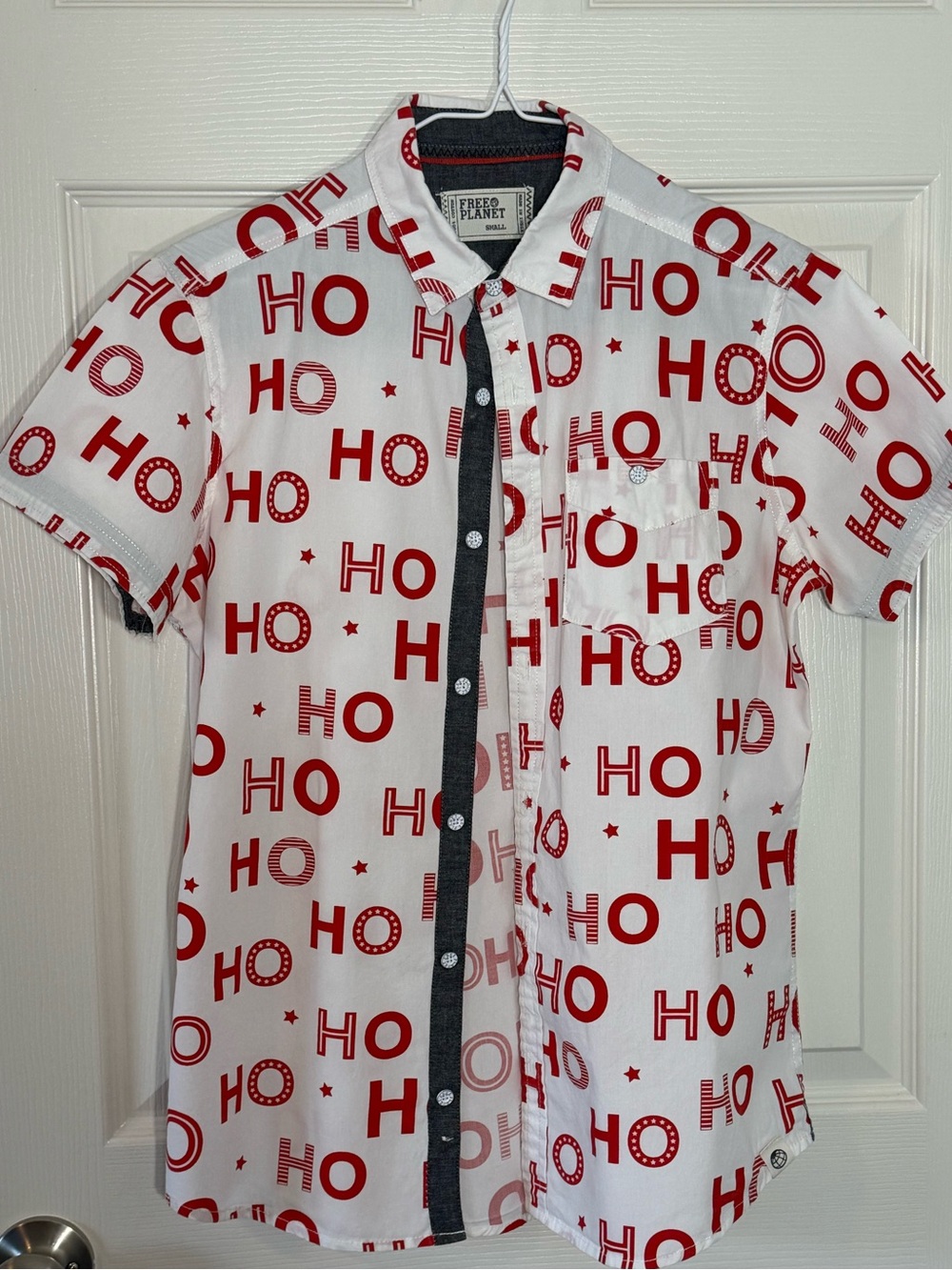 Free Planet Boys Christmas HO HO HO Button Front Shirt Size Small Holiday Shirt